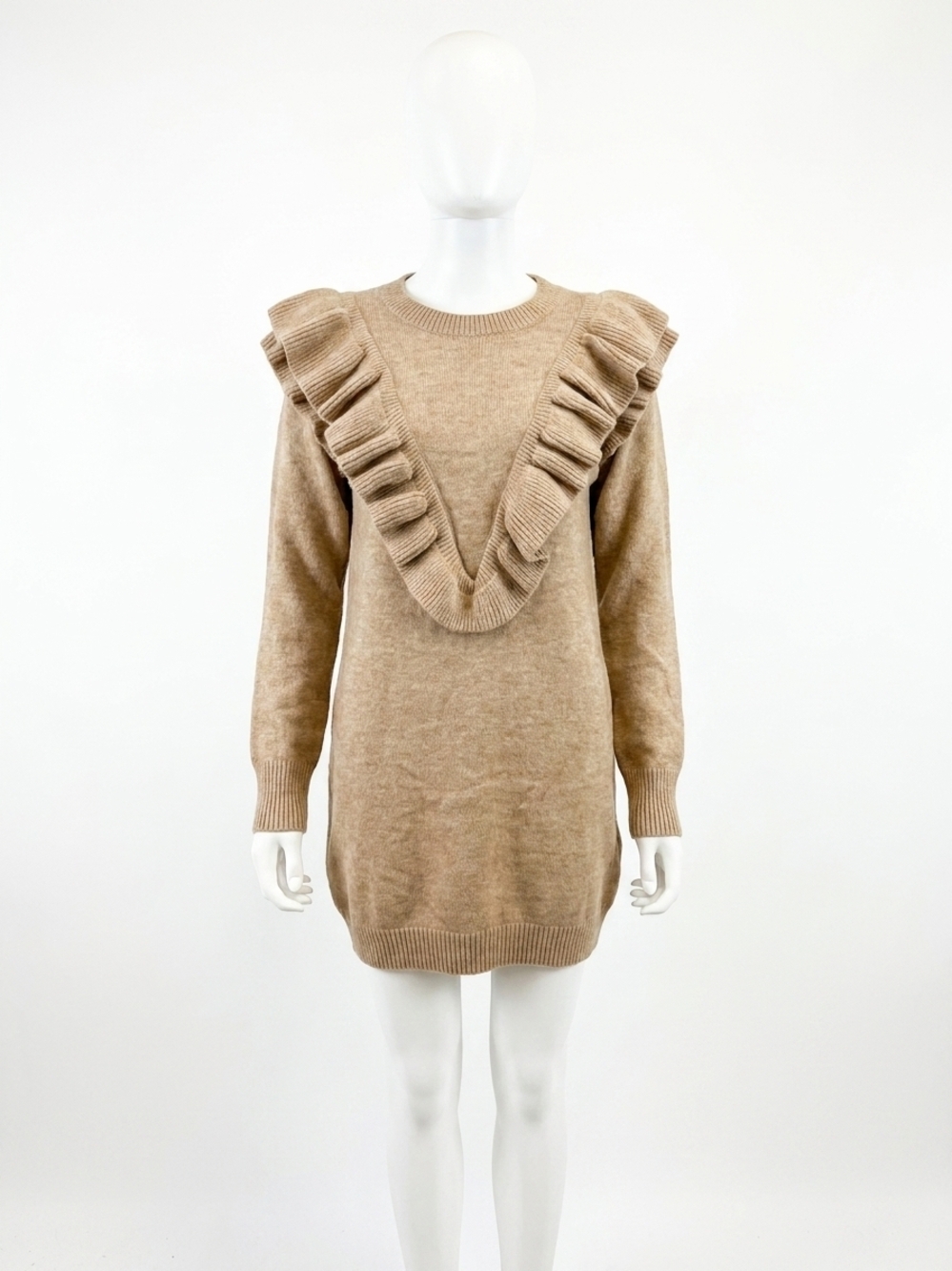 NEW ENTRO ruffle mini sweater dress in oatmeal